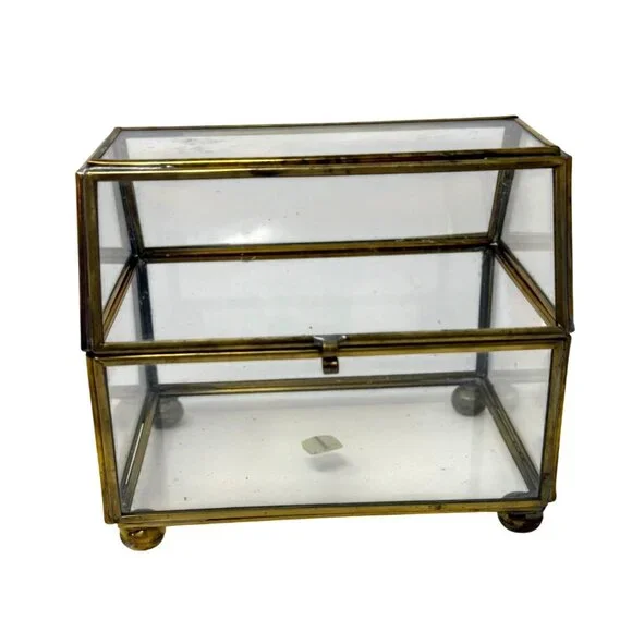 Brass Glass Jewelry Box Hinged Trinket Display Casket 4.5" T Footed Vintage MCM - Picture 8 of 9